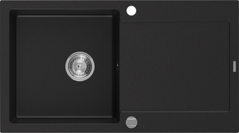 Mexen Leo granitinė viena vonia su nusausintuvu 900 x 500 mm, juoda, chromo sifonas - 6501901010-77