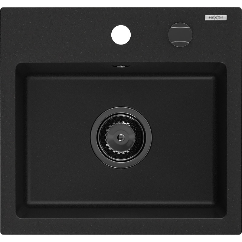 Mexen Milo Granitinė vienos komoros virtuvinė plautuvė 435 x 410 mm, juoda, juodas sifonas - 6505441000-77-B