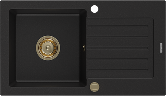 Mexen Pablo granitinė plautuvė su viena kamera ir nusausintuvu 752 x 436 mm, juoda, auksinis sifonas - 6510751010-77-G