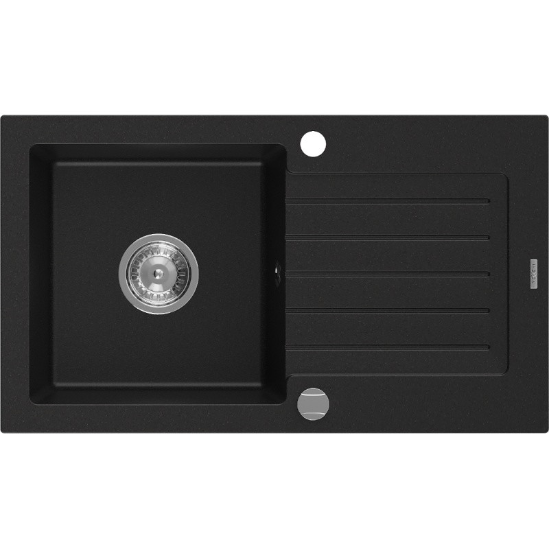 Mexen Pablo 1 skyriuje granitinis kriauklė su nusausintuvu 752 x 436 mm, juoda, chromuotas sifonas - 6510751010-77