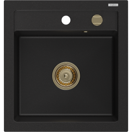 Mexen Vito granitinė vienos kameros plautuvė 520 x 490 mm, juoda, sifonas auksinis - 6503521000-77-G