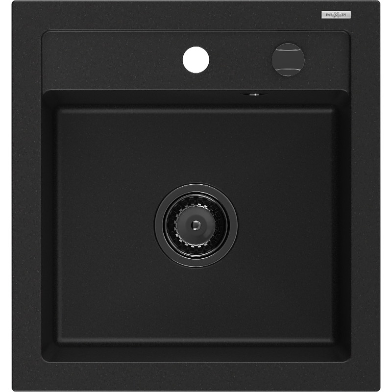 Mexen Vito granitinė vienos kameros kriauklė 520 x 490 mm, juoda, juodas sifonas - 6503521000-77-B