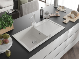 Mexen Leo 1-dubens granitinė plautuvė su nusausintuvu ir virtuviniu maišytuvu Rita, balta - 6501-20-670300-20