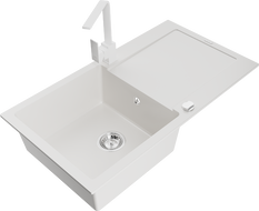 Mexen Leo 1-dubens granitinė plautuvė su nusausintuvu ir virtuviniu maišytuvu Rita, balta - 6501-20-670300-20