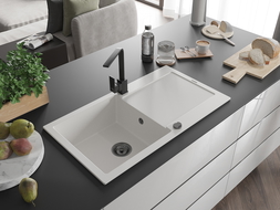 Mexen Leo granitinis virtuvinis kriauklė 1 skyrius su nuvarvėjimo lenta ir virtuviniu čiaupu Rita, baltas - 6501-20-670300-70