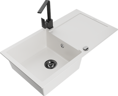 Mexen Leo granitinis virtuvinis kriauklė 1 skyrius su nuvarvėjimo lenta ir virtuviniu čiaupu Rita, baltas - 6501-20-670300-70