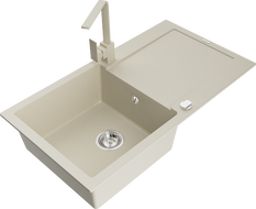 Mexen Leo granitinis plautuvė su indų džiovykle ir virtuviniu maišytuvu Rita, smėlinis - 6501-69-670300-69