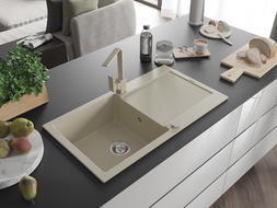 Mexen Leo granitinis plautuvė su indų džiovykle ir virtuviniu maišytuvu Rita, smėlinis - 6501-69-670300-69