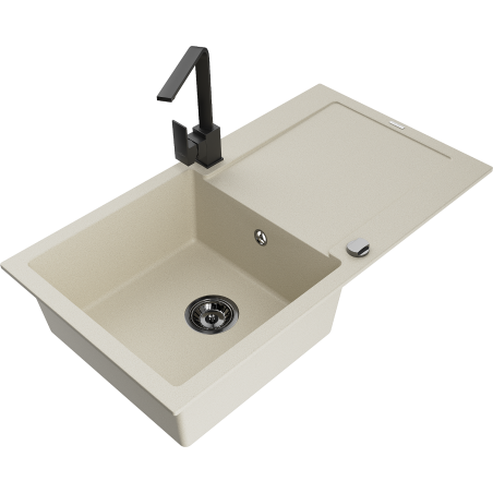 Mexen Leo granitinė vienos kameros kriauklė su nutekėjimu ir virtuvės maišytuvu Rita, smėlio spalvos - 6501-69-670300-70