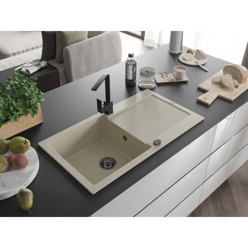 Mexen Leo granitinė vienos kameros kriauklė su nutekėjimu ir virtuvės maišytuvu Rita, smėlio spalvos - 6501-69-670300-70