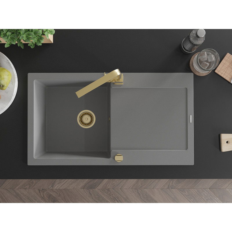 Mexen Leo granitinė kriauklė su vienu dubeniu ir drenažu bei virtuviniu maišytuvu Rita, pilka - 6501-71-670300-50