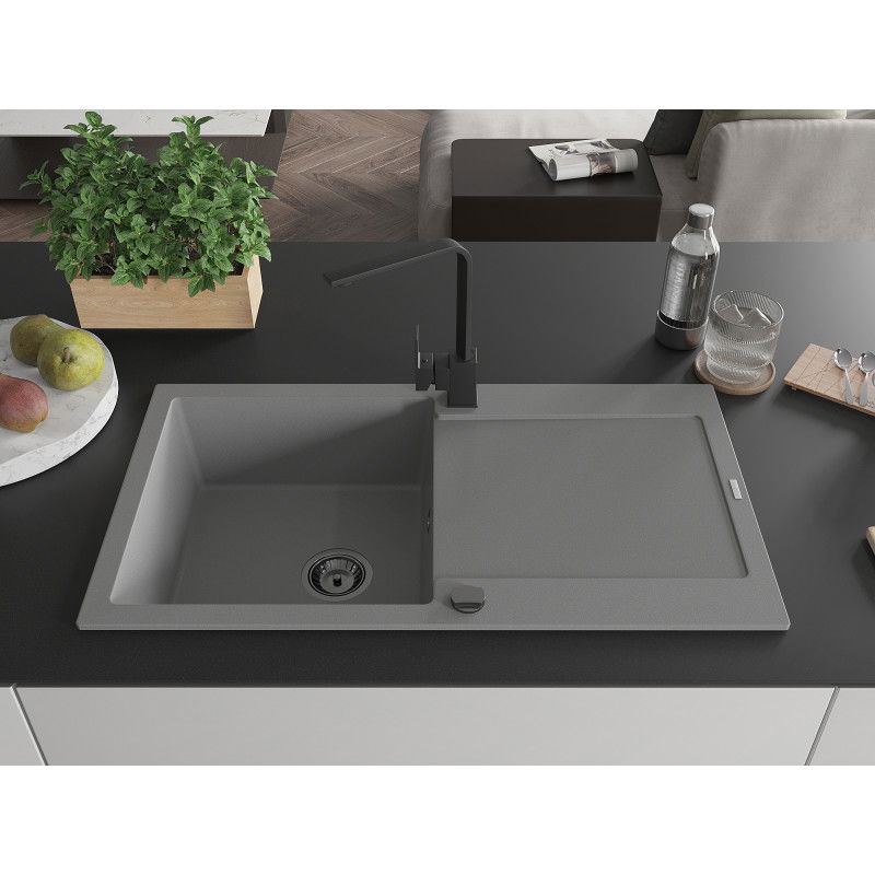 Mexen Leo granito plautuvė vienos kameros su nusausintuvu ir virtuvės maišytuvu Rita, pilka - 6501-71-670300-70-B