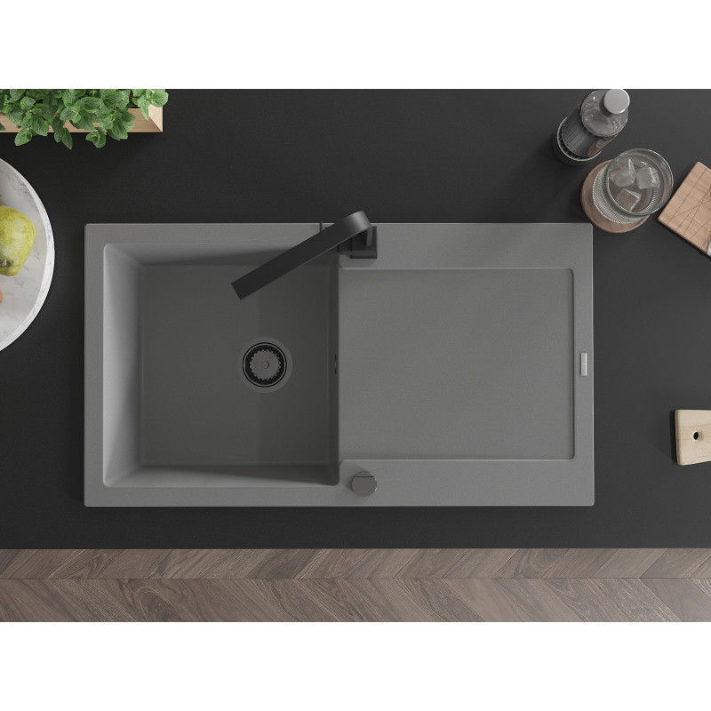 Mexen Leo granito plautuvė vienos kameros su nusausintuvu ir virtuvės maišytuvu Rita, pilka - 6501-71-670300-70-B