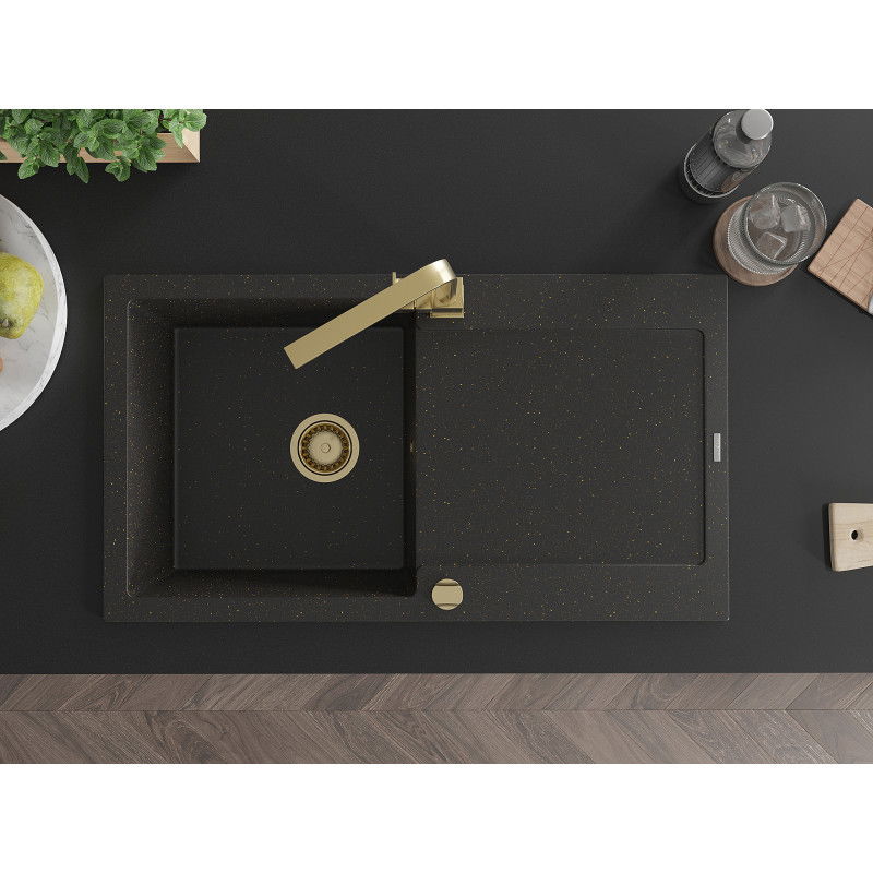 Mexen Leo granitinė vienos kameros plautuvė su nutekėjimo funkcija ir Rita virtuvės maišytuvu, juoda/auksinis metalikas