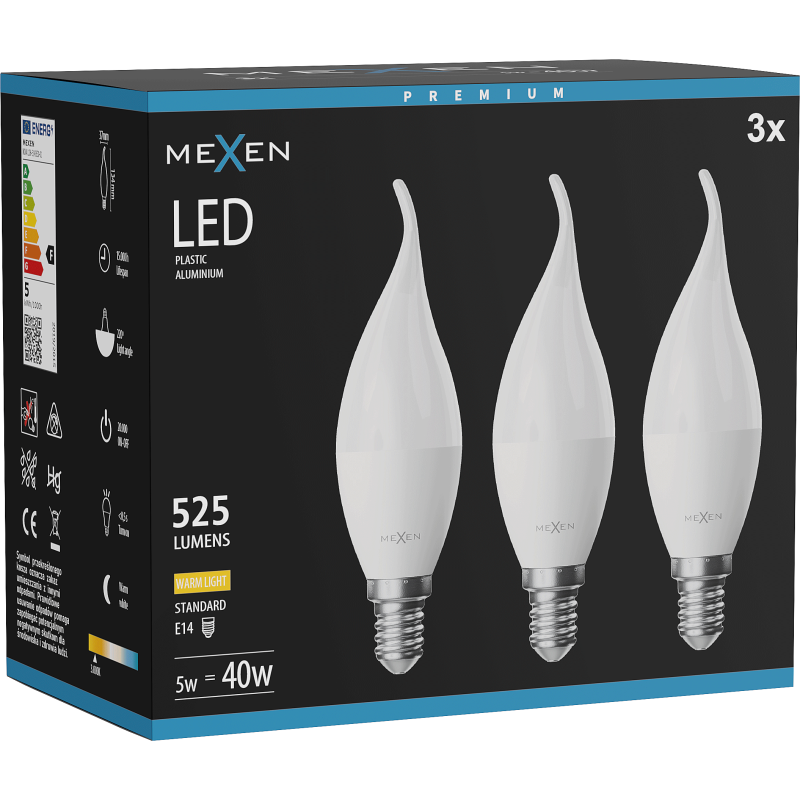 Mexen Nova 3x LED lemputė liepsna E14, C37, 5W, Šilta - 3000K, 525 lm - L106-E14-0530-01x03