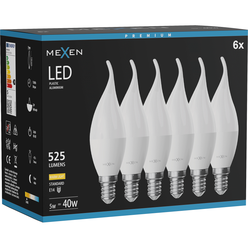 Mexen Nova 6x LED lemputė liepsna E14, C37, 5W, Šilta - 3000K, 525 lm - L106-E14-0530-01x06