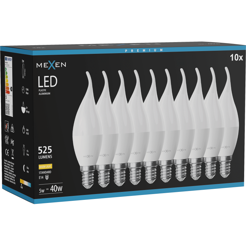 Mexen Nova 10x LED lemputė, žvakė E14, C37, 5W, Šilta - 3000K, 525 lm - L106-E14-0530-01x10