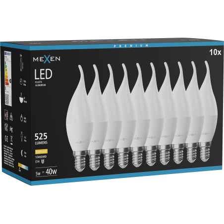 Mexen Nova 10x LED lemputė, žvakė E14, C37, 5W, Šilta - 3000K, 525 lm - L106-E14-0530-01x10