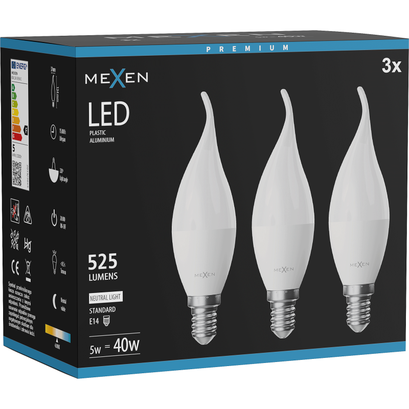 Mexen Nova 3x LED lemputė žvakės formos E14, C37, 5W, Neutralus - 4000K, 525 lm - L106-E14-0540-01x03