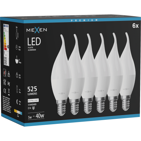 Mexen Nova 6x LED lemputė liepsnelė E14, C37, 5W, Neutralus - 4000K, 525 lm - L106-E14-0540-01x06