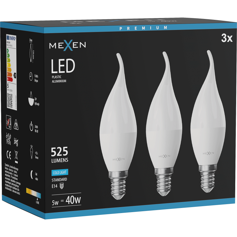Mexen Nova 3x LED lemputė liepsna E14, C37, 5W, Šalta - 6500K, 525 lm - L106-E14-0565-01x03