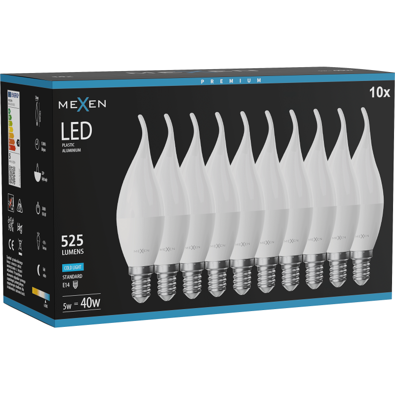 Mexen Nova 10x LED lemputė liepsnelė E14, C37, 5W, Šalta - 6500K, 525 lm - L106-E14-0565-01x10