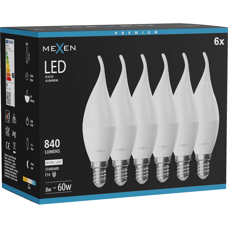 Mexen Nova 6x LED lemputė liepsna E14, C37, 8W, Neutralus - 4000K, 840 lm - L106-E14-0840-01x06