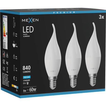 Mexen Nova 3x LED lemputė liepsnelė E14, C37, 8W, Šalta - 6500K, 840 lm - L106-E14-0865-01x03