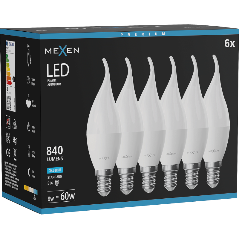 Mexen Nova 6x LED lemputė liepsnelė E14, C37, 8W, Šalta - 6500K, 840 lm - L106-E14-0865-01x06