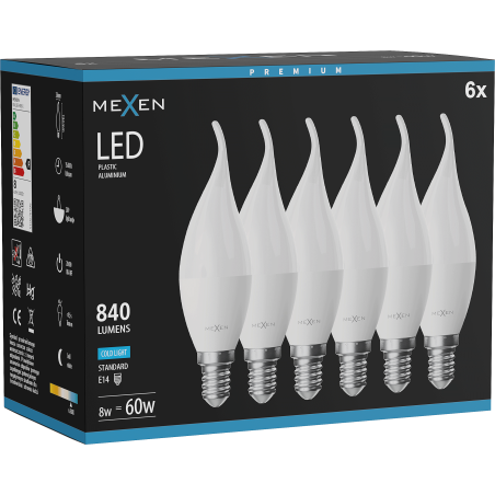 Mexen Nova 6x LED lemputė liepsnelė E14, C37, 8W, Šalta - 6500K, 840 lm - L106-E14-0865-01x06