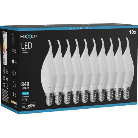 Mexen Nova 10x LED lemputė E14, C37, 8W, Šaltai balta - 6500K, 840 lm - L106-E14-0865-01x10
