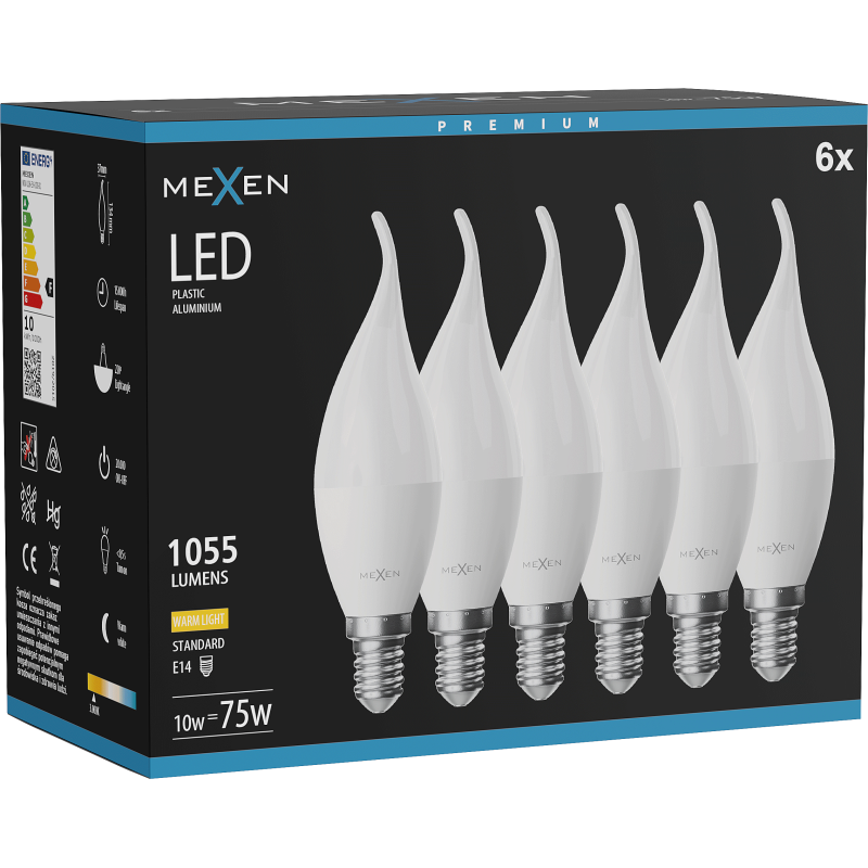 Mexen Nova 6x LED lemputė žvakė E14, C37, 10W, Šiltai balta - 3000K, 1055 lm - L106-E14-1030-01x06