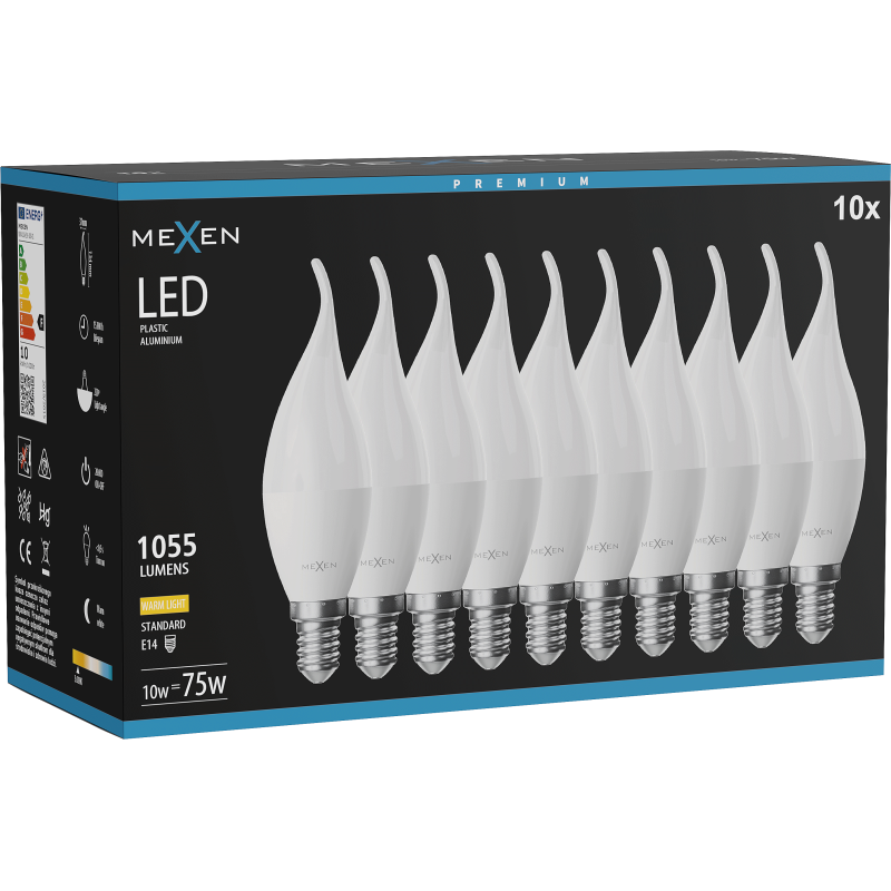 Mexen Nova 10x LED lemputė liepsnos formos E14, C37, 10W, Šilta - 3000K, 1055 lm - L106-E14-1030-01x10