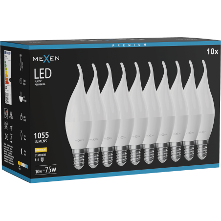 Mexen Nova 10x LED lemputė liepsnos formos E14, C37, 10W, Šilta - 3000K, 1055 lm - L106-E14-1030-01x10