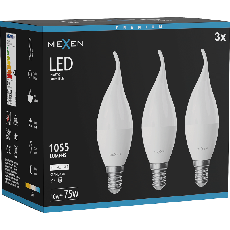 Mexen Nova 3x LED lemputė žvakė E14, C37, 10W, Neutralus - 4000K, 1055 lm - L106-E14-1040-01x03