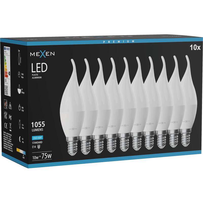 Mexen Nova 10x LED lemputė liepsnelė E14, C37, 10W, Šalta - 6500K, 1055 lm - L106-E14-1065-01x10