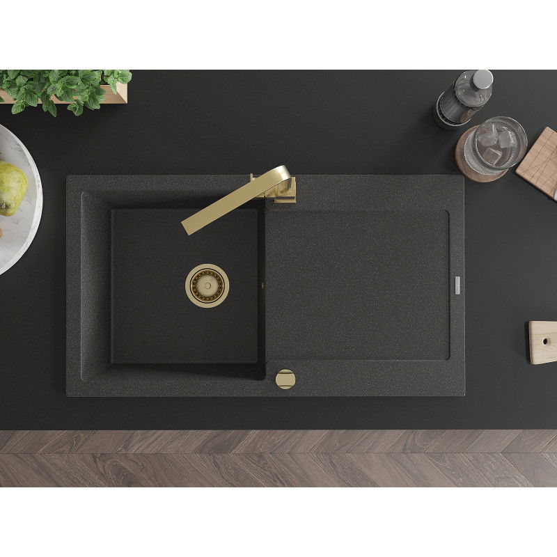 Mexen Leo granito plautuvė 1-dubens su nusausintuvu ir virtuviniu maišytuvu Rita, juodas taškuotas - 6501-76-670300-50