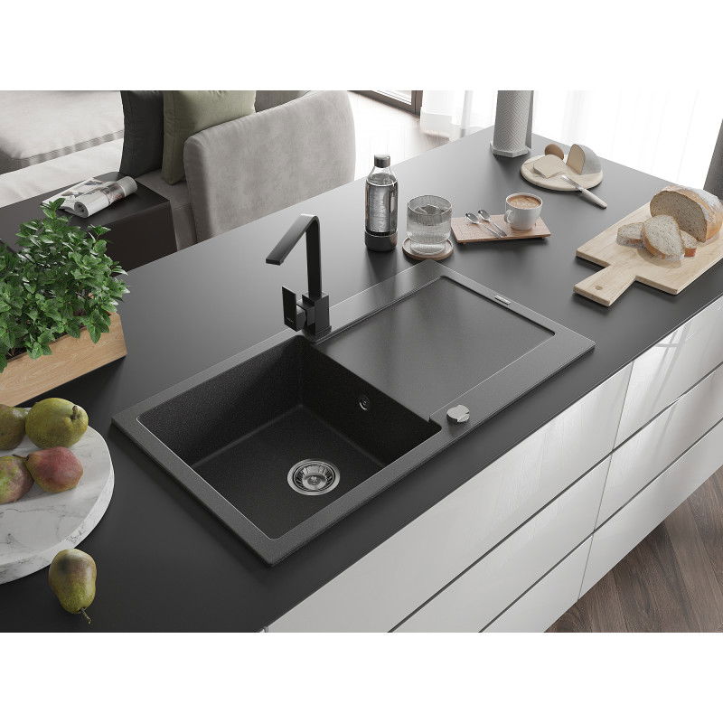 Mexen Leo vienos kameros granitinė kriauklė su išvaržymu ir virtuvės maišytuvas Rita, juoda su dėmėmis - 6501-76-670300-70