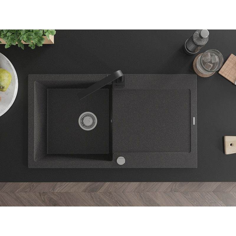 Mexen Leo vienos kameros granitinė kriauklė su išvaržymu ir virtuvės maišytuvas Rita, juoda su dėmėmis - 6501-76-670300-70