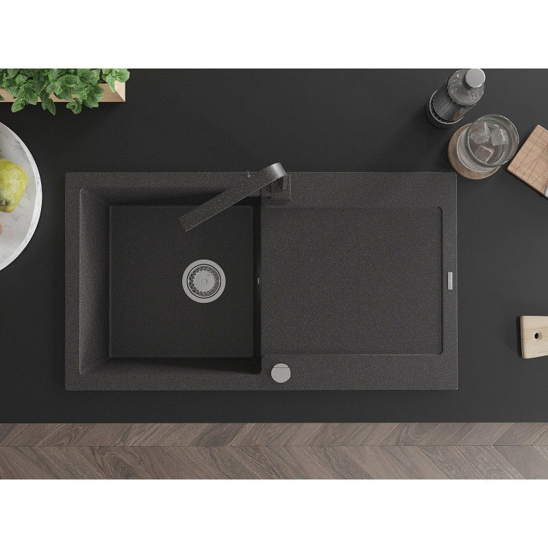 Mexen Leo granito plautuvė su 1 skyriumi, su nusausinimu ir virtuviniu čiaupu Rita, juodas taškuotas - 6501-76-670300-76