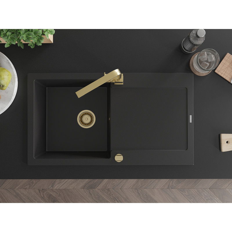 Mexen Leo granito standartinė kriauklė su nutekėjimo lentyna ir virtuviniu maišytuvu Rita, juoda - 6501-77-670300-50