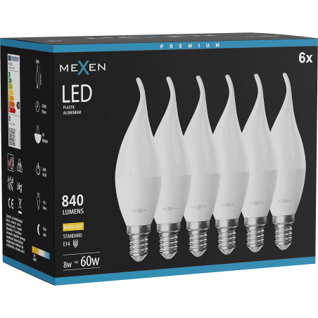 Mexen Nova 6x LED lemputė liepsnelė E14, C37, 8W, Šiltas - 3000K, 840 lm - L106-E14-0830-01x06
