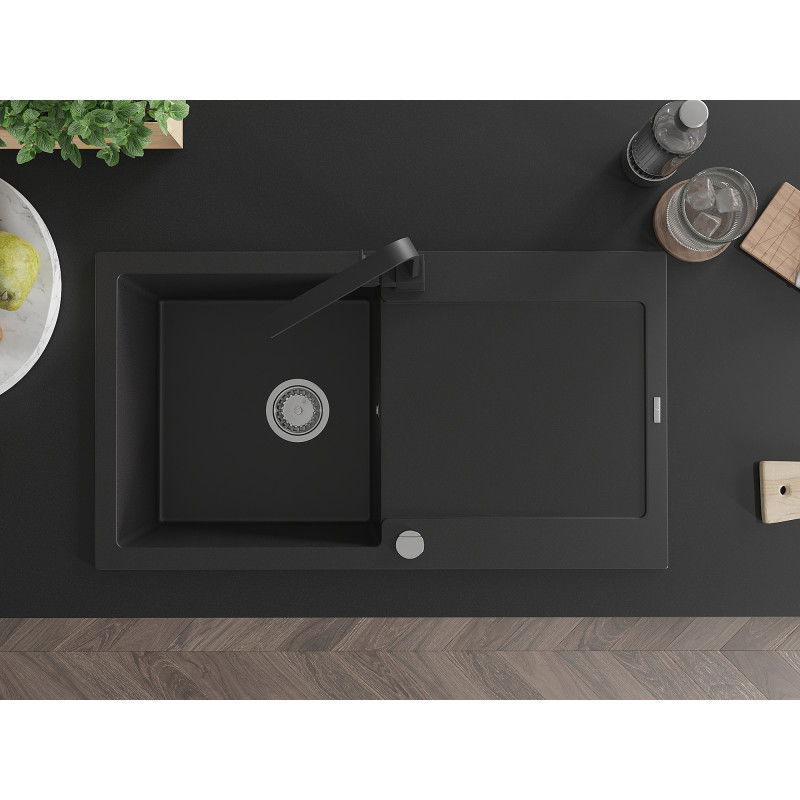 Mexen Leo vienos dalies granitinis plautuvas su indų džiovykla ir virtuvės maišytuvu Rita, juodas - 6501-77-670300-70