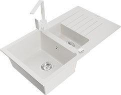 Mexen Matias granitinis 1,5-skylių plautuvas su nuotaku ir virtuvės maišytuvu Rita, baltas - 6502-20-670300-20
