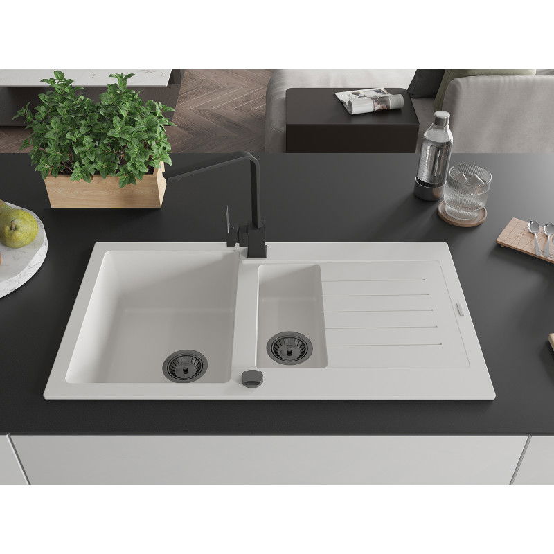 Mexen Matias granitinė virtuvės kriauklė 1,5 skylių su nutekėjimu ir virtuvės maišytuvu Rita, balta - 6502-20-670300-70
