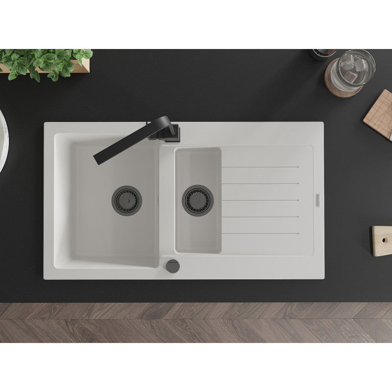 Mexen Matias granitinė virtuvės kriauklė 1,5 skylių su nutekėjimu ir virtuvės maišytuvu Rita, balta - 6502-20-670300-70