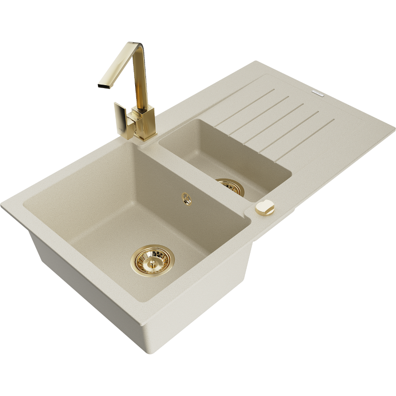 Mexen Matias granito plautuvė 1,5 skylių su nusausintoju ir virtuviniu maišytuvu Rita, smėlio spalvos - 6502-69-670300-50