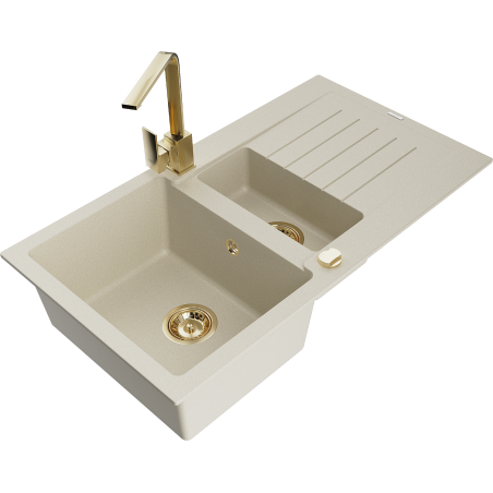 Mexen Matias granito plautuvė 1,5 skylių su nusausintoju ir virtuviniu maišytuvu Rita, smėlio spalvos - 6502-69-670300-50