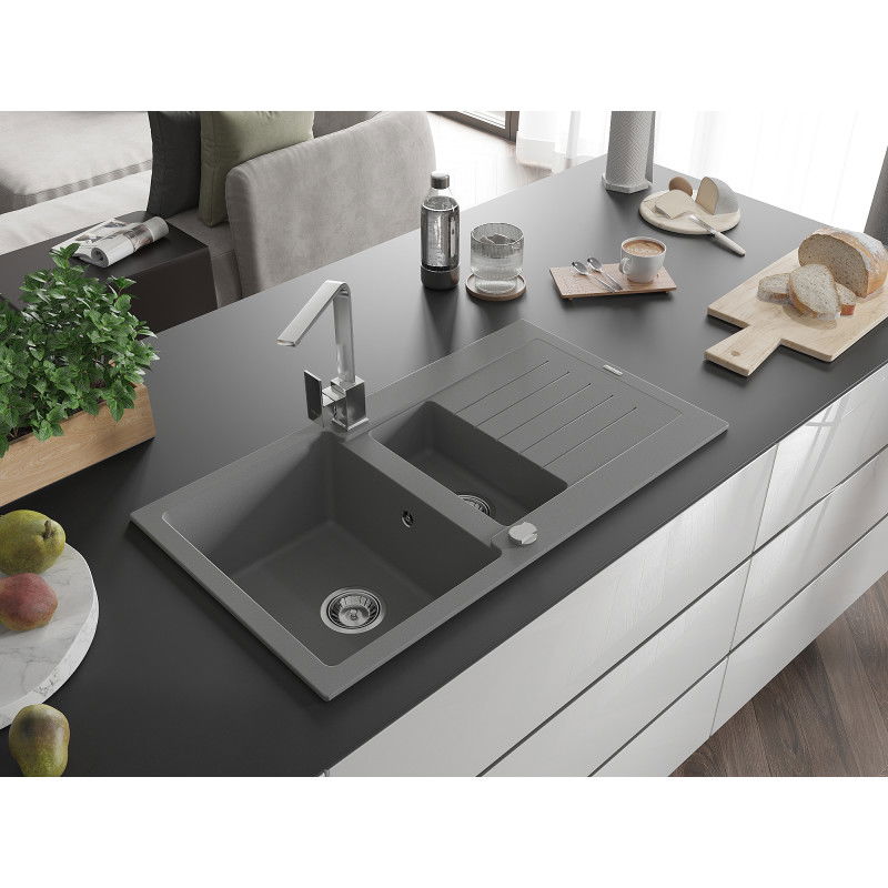 Mexen Matias granito virtuvės kriauklė su 1,5 skyreliais ir nutekėjimu bei virtuviniu maišytuvu Rita, pilka - 6502-71-670300-00
