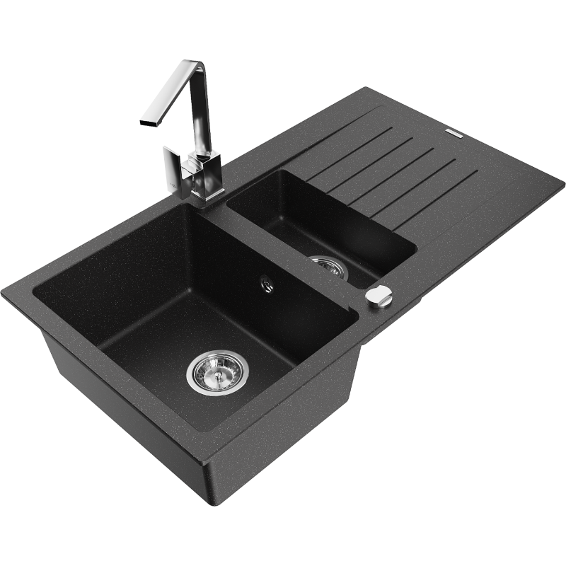 Mexen Matias granitinė virtuvės plautuvė 1,5 kambario su nuvarvėjimu ir virtuvės maišytuvu Rita, juoda/sidabrinė